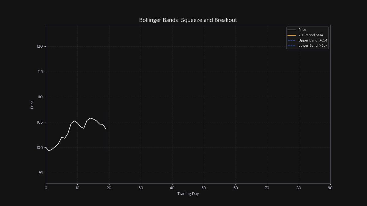 Bollinger Bands animation: price, 20-period SMA, upper band, lower band, volatility squeeze and expansion